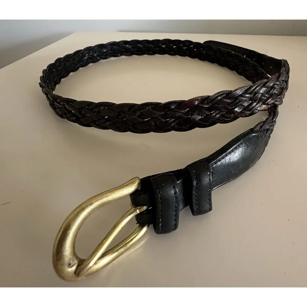 Coach Vintage Black Braided Leather Belt Size 38 Brass Buckle
